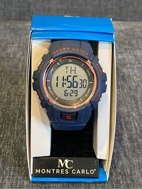 NEW in box Montres Carlo digital watch with blue band and bezel